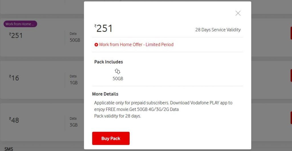 Vodafone idea 251 Work from Home Plan