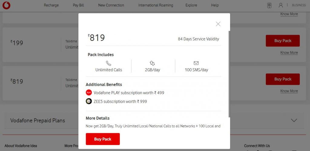 Vodafone STV 819 Prepaid Plan