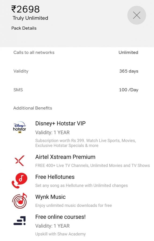 Bharti Airtel Rs 2698 Plan