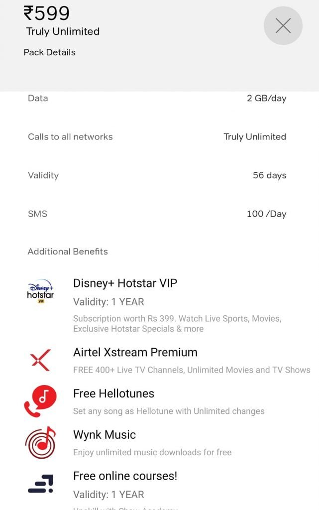 Bharti Airtel Rs 599 Plan