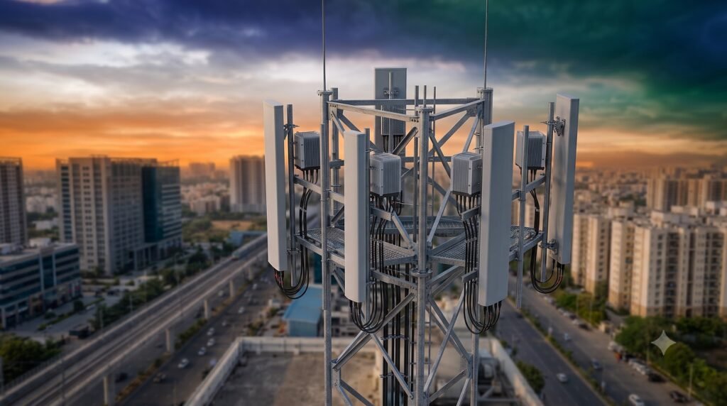 India Adds 5 Million Mobile Users in June 2026 as Wireless Network Base Reaches 1.28 Billion Cellular tower antenna against a sky lit with subtle orange and green lighting