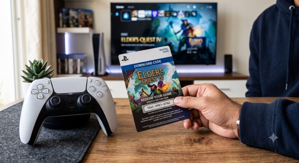 digital download code card held in front of a game console setup