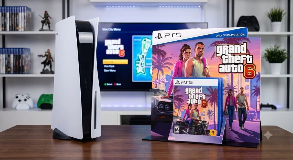 gta 6 ps5 box set alongside a playstation 5 console on a gaming desk