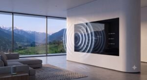 intelligent reflecting surface panel installed on an interior building wall directing wireless data signals.