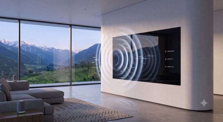 intelligent reflecting surface panel installed on an interior building wall directing wireless data signals.