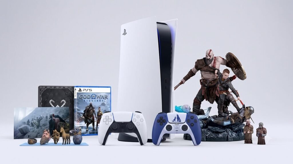playstation 5 console and controller god of war game box