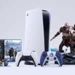 playstation 5 console and controller god of war game box