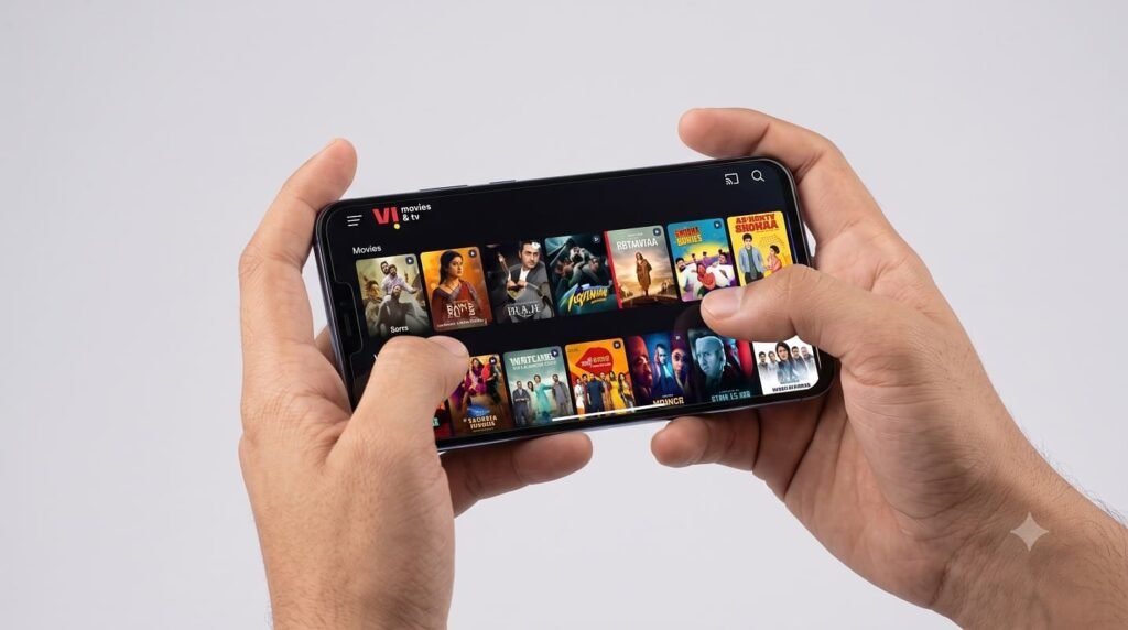 smartphone displaying the vi movies & tv app dashboard with bundled ott platforms.
