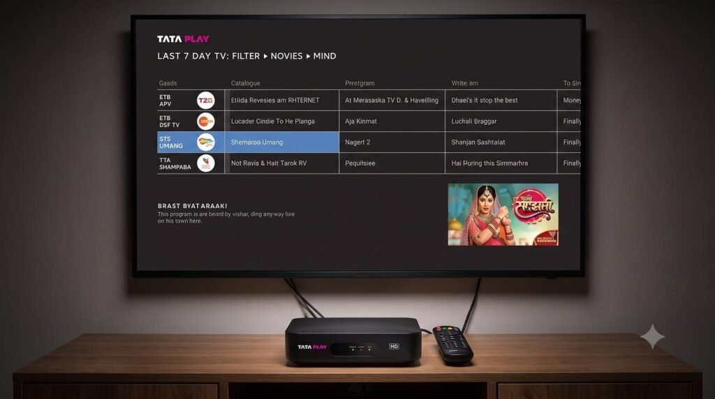 tata play set top box connected to a television displaying a channel menu screen
