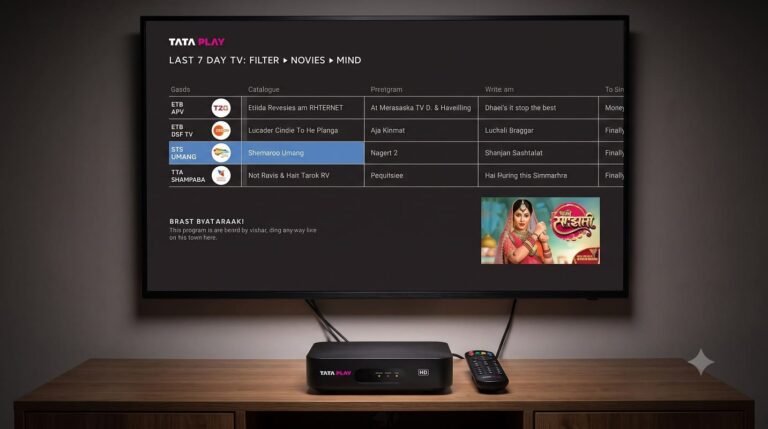 tata play set top box connected to a television displaying a channel menu screen