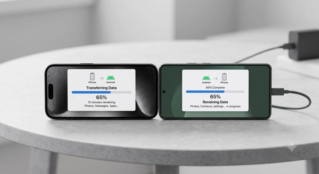 wireless data transfer in progress between an iphone and an android 17 smartphone
