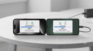 wireless data transfer in progress between an iphone and an android 17 smartphone