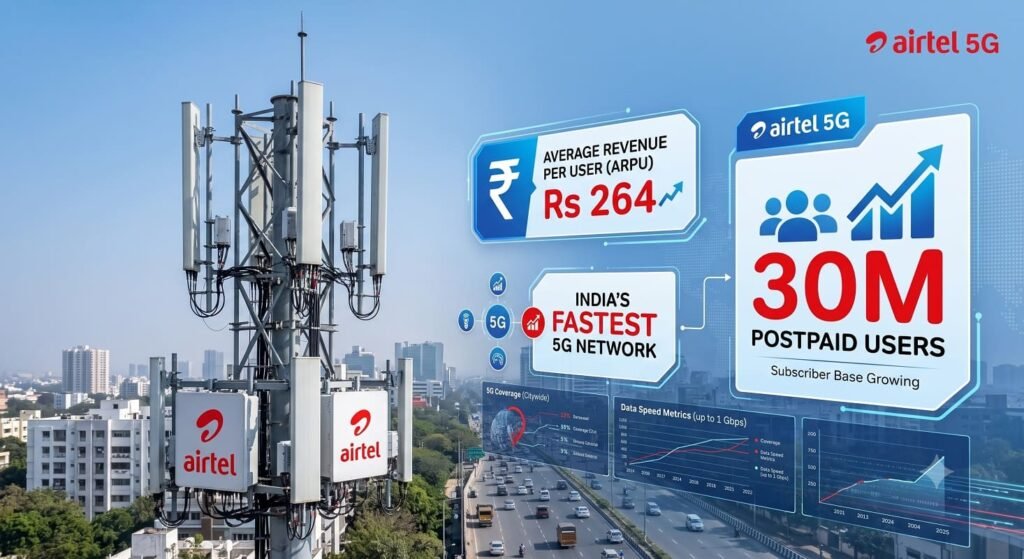 Airtel ARPU Reaches Rs 264 as Postpaid Customer Base Hits 30 Million in Q1 FY27 Airtel logo with 5G cell tower reflecting network growth and ARPU increase in Q1 FY27